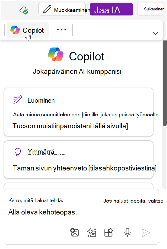 Copilot-painikkeen käyttäminen OneNote for Teamsissa