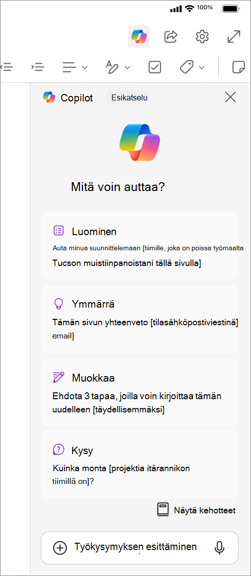 Copilot-painikkeen käyttäminen OneNote for iOS:ssä