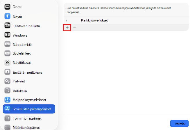 Näyttökuva Macin pikanäppäimistä.