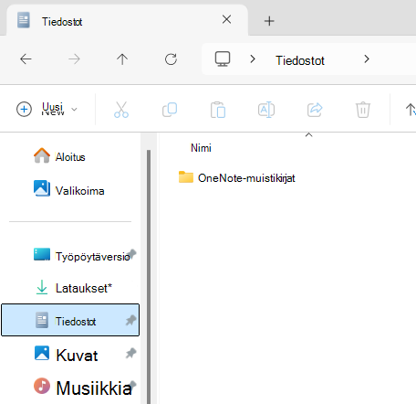 Tiedostot-kansio, jossa näkyy OneNote-muistikirjan alikansio.