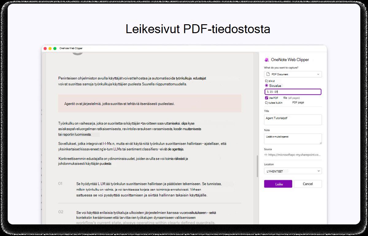 Näyttökuva PDF-sivusta, jossa on sivupaneeli asetuksia varten. Yläreunan tekstissä lukee Leikesivut PDF-tiedostosta.