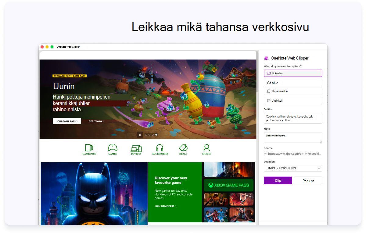 Näyttökuva koko verkkosivusta, jossa on sivupaneeli asetuksia varten. Yläreunan tekstissä sanotaan, että voit leikata minkä tahansa verkkosivun.