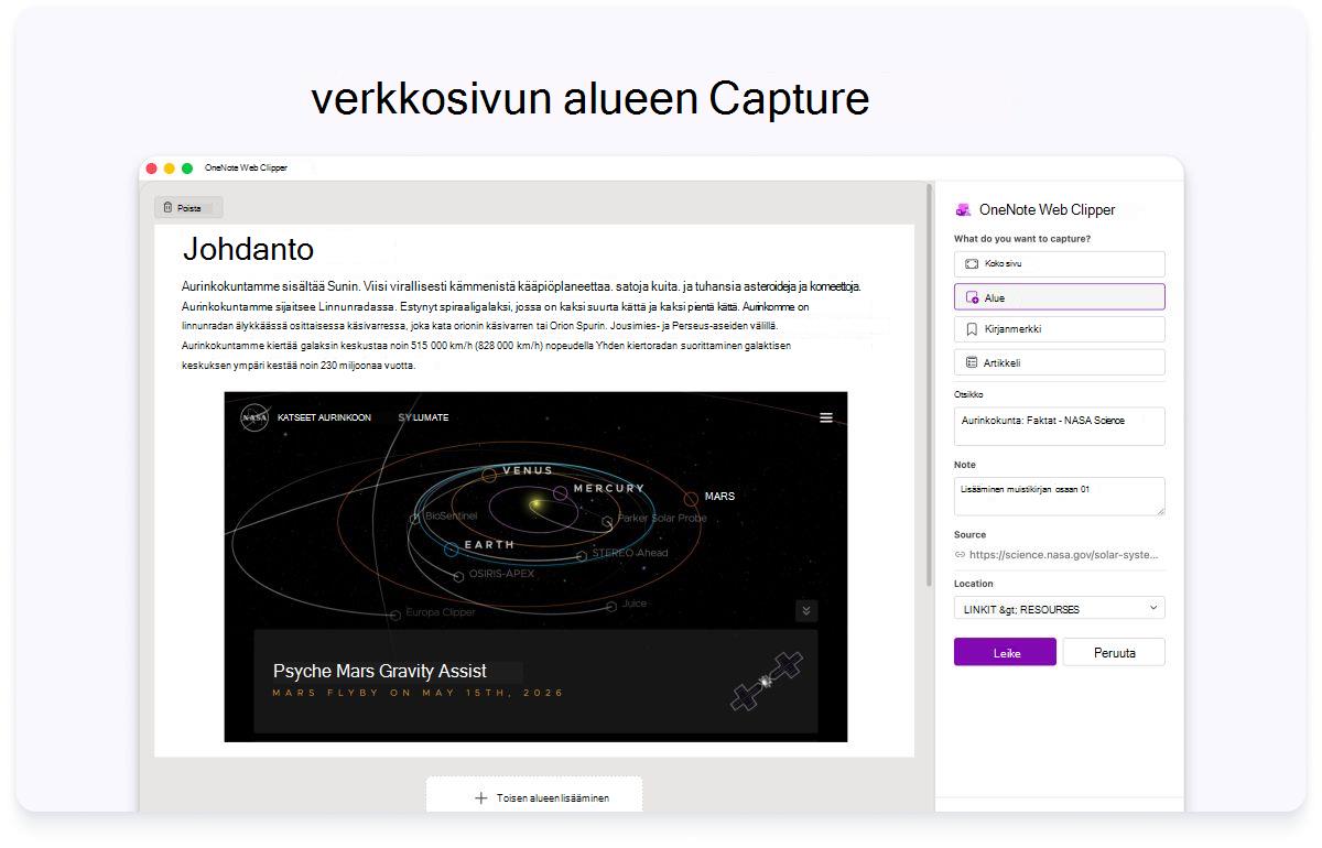 Näyttökuva verkkosivun esittelystä, jossa on sivupaneeli asetuksia varten. Yläreunan tekstissä sanotaan, että verkkosivun mikä tahansa alue tallennetaan.
