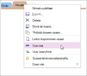 Lisää uusi osa OneNotessa.