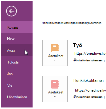 Muistikirjan avaaminen Tiedosto-välilehdestä