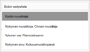 Haun laajuuden muuttaminen OneNote for Windows 10-sovelluksessa.