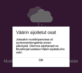 Väärin sijoitetut osat -ilmoitus OneNote for Android