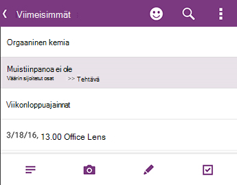 OneNote for Android Viimeisimmät muistiinpanot -luettelo
