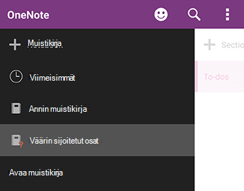 Väärin sijoitetut osat OneNote for Android