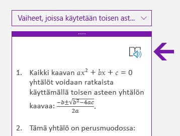 Syventävä lukuohjelma -kuvake OneNote for Windows 10:n matemaattisessa ruudussa