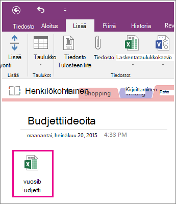 Näyttökuva liitetystä laskentataulukosta OneNote 2016:ssa.