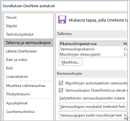 Näyttökuva OneNote 2016:n OneNoten asetukset -valintaikkunasta.