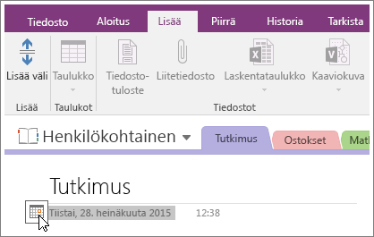 Sivun päivämääräleiman muuttaminen OneNote 2016:ssa