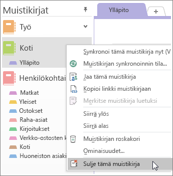 Näyttökuva muistikirjan sulkemisesta OneNote 2016:ssa