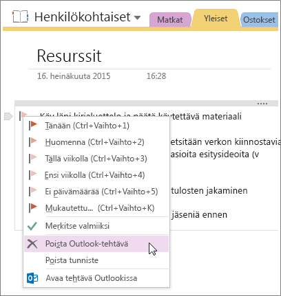 Näyttökuva Outlook-tehtävän poistamisesta OneNote 2016:ssa.