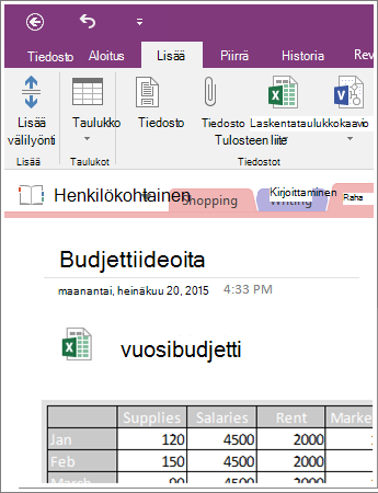 Näyttökuva upotetusta laskentataulukosta OneNote 2016:ssa.