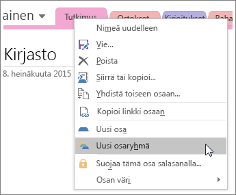 Näyttökuva uuden osaryhmän luomisesta OneNote 2016:ssa.