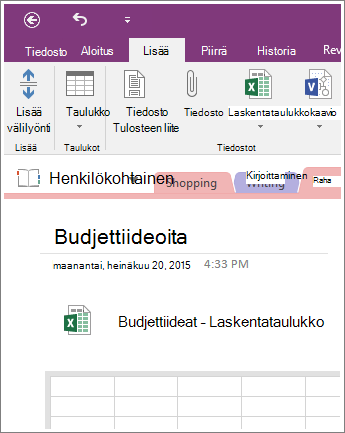Näyttökuva uudesta laskentataulukosta OneNote 2016:ssa.
