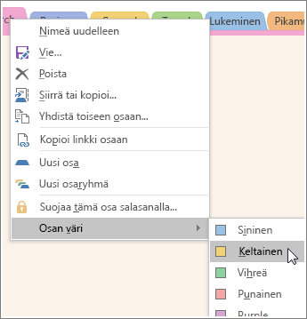 Näyttökuva osavärin vaihtamisesta OneNote 2016:ssa.