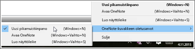Näyttökuva ilmaisinalueen OneNote-asetuksista.