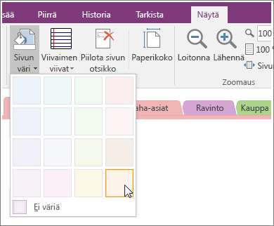Näyttökuva OneNote 2016:n Sivun väri -painikkeesta.