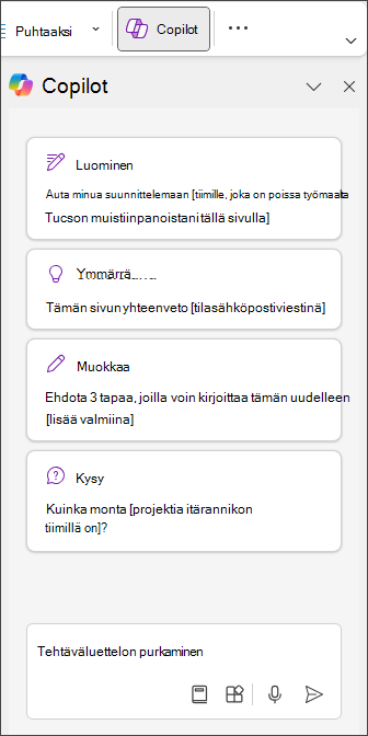 Kirjoita Pura tehtäväluettelo OneNoten Copilot-ruutuun