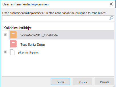OneNote for Windows 2016:n Siirrä tai kopioi osa -valintaikkuna