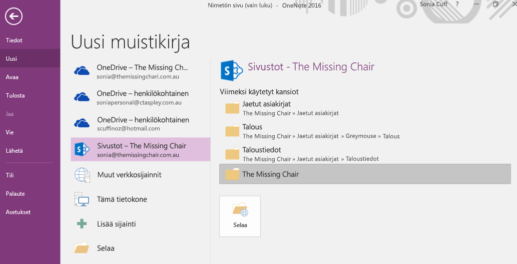OneNote for Windows 2016:n Uuden muistikirjan kansion valinta -käyttöliittymä