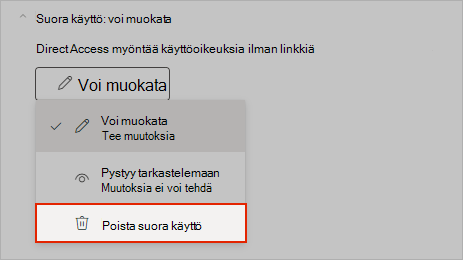 OneNote-näyttökuva, jossa näytetään, miten voit poistaa suoran jakamisoikeuden