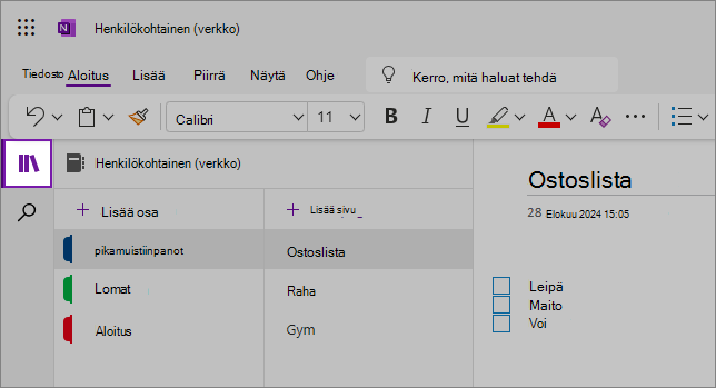 OneNote-verkkokäyttöliittymän näkymä, jossa näkyy sisältöalue