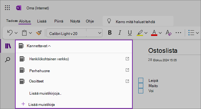 Näyttökuva OneNote-muistikirjojen avattavasta esimerkkiluettelosta