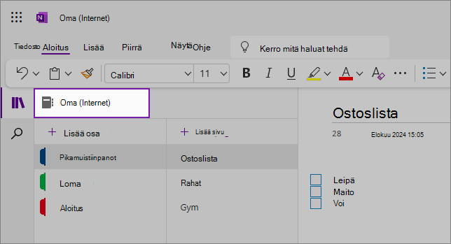 OneNote-verkkokäyttöliittymän näkymä, jossa näkyy sisältöalue