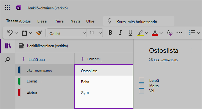 OneNote-verkkokäyttöliittymän näkymä, jossa näkyy sisältöalue