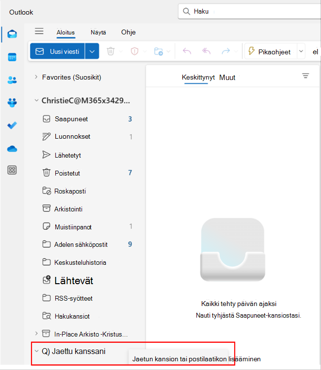 Näyttökuva Outlookin ponnahdusikkunasta jaetun kansion tai postilaatikon lisäämistä varten