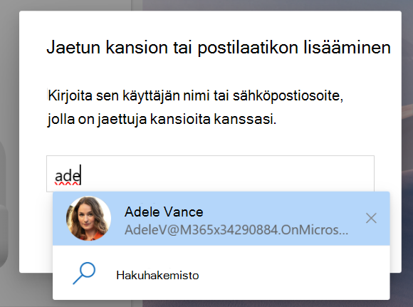 Näyttökuva Jaettu kanssani -toiminnosta jaetun kansion tai postilaatikon lisäämistä varten