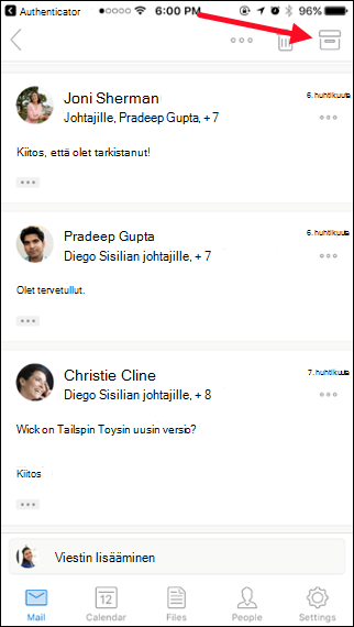 Voit arkistoida viestin napauttamalla Arkistoi-painiketta