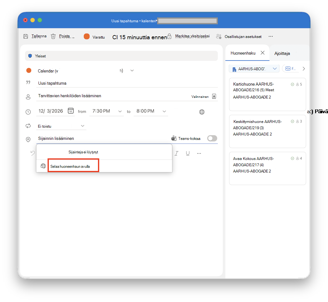 Selaa huoneenhaun avulla Outlook for Mac