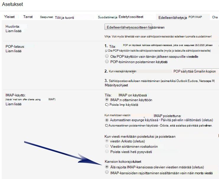 Näyttää Asetukset-näytön. IMAP Access -osassa on nuoli, joka osoittaa kansion kokorajoitukset -kohdan ensimmäiseen vaihtoehtoon (Älä rajoita viestien määrää...).