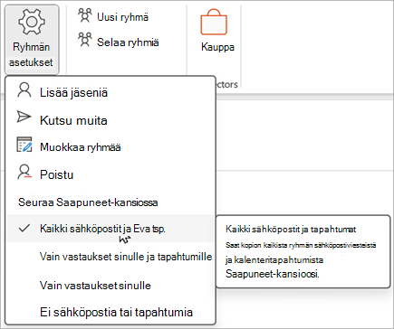 Valitse valintanauhasta Ryhmän asetukset ja valitse sitten kohteet, joita haluat seurata tai joita et seuraa