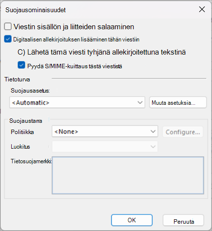 Valitse Lisää digitaalinen allekirjoitus tähän viestiin -kohdan vieressä olevat valintaruudut ja Pyydä S/MIME-kuittausta tälle viestille