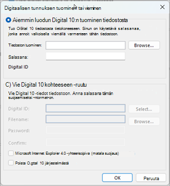 Etsi digitaalinen tunnus valitsemalla Selaa ja kirjoita salasana, jonka annoit viedessäsi varmenteen tähän tiedostoon