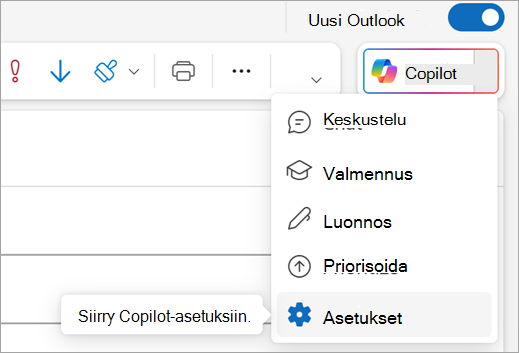 Näyttää Asetukset-vaihtoehdon Kopioi-valikossa Outlookin oikeassa yläkulmassa.