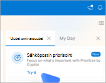 Näyttää Outlookin Uudet ominaisuudet -välilehden Macin Outlookissa. Priorisoi sähköposti -kohdassa on Kokeile-linkki.
