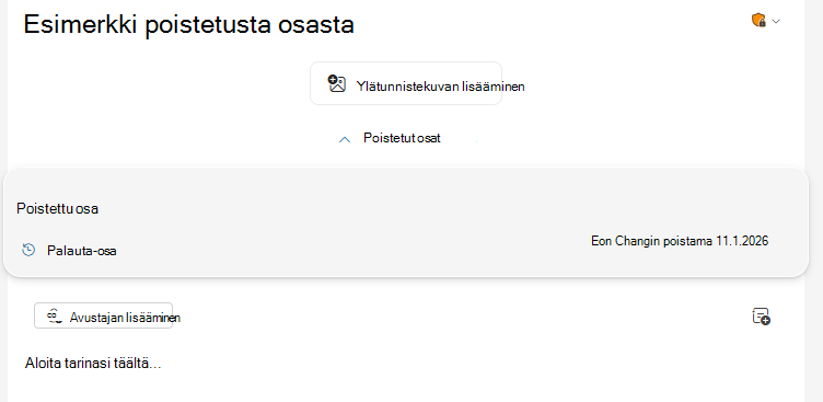 Poistetut osat -vaihtokytkin löytyy version yläreunasta
