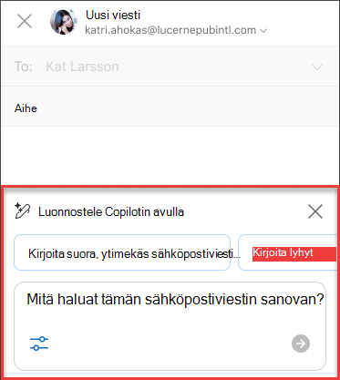 Tietoja siitä, mitä haluat tämän sähköpostiviestin sanovan Luonnos-luonnokselle Kopiokodilla Outlookissa