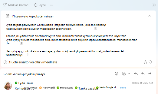 Copilotin luoma sähköpostiketjun yhteenveto, jossa on lainauksia