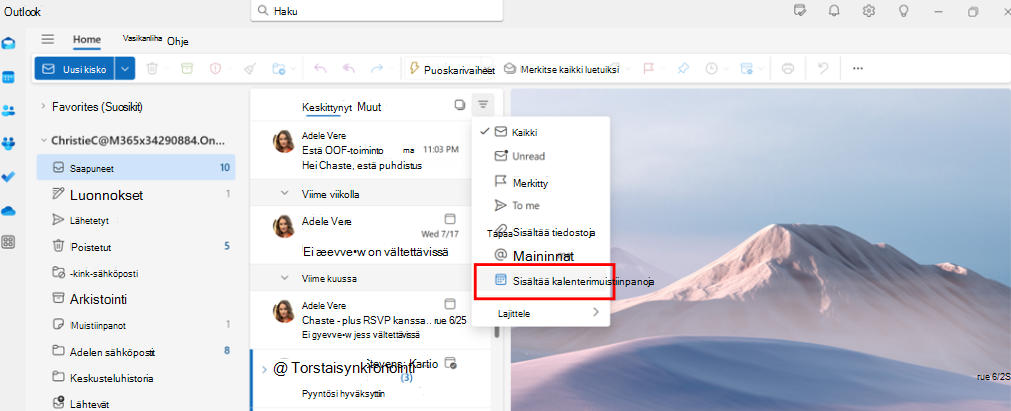 Näyttökuva näyttää, että johdon järjestelmänvalvojat voivat käyttää kalenterikutsujen sähköpostisuodatinta