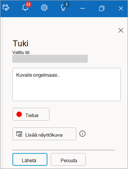 Näyttökuva yhteystiedon tukiruudusta, jossa näkyy ongelman kuvausalue