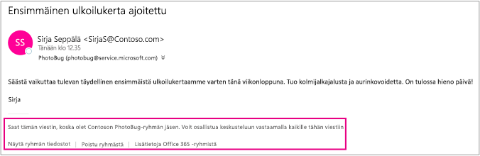 Kaikissa sähköposteissa, jotka vieras saa ryhmän jäseniltä, on ylätunniste ohjeineen ja linkkeineen