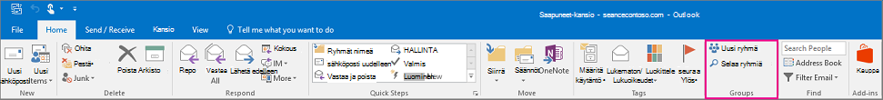 Ryhmäasetukset Outlookin päävalintanauhassa